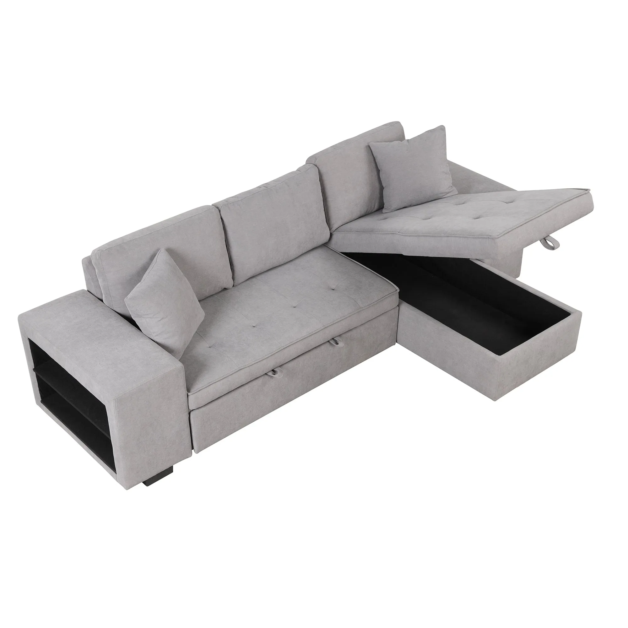 104" Pull Out Sleeper Sofa Reversible L-Shape 3 Seat Sectional Couch with Storage Chaise and 2 Stools for Living Room Furniture Set,Gray