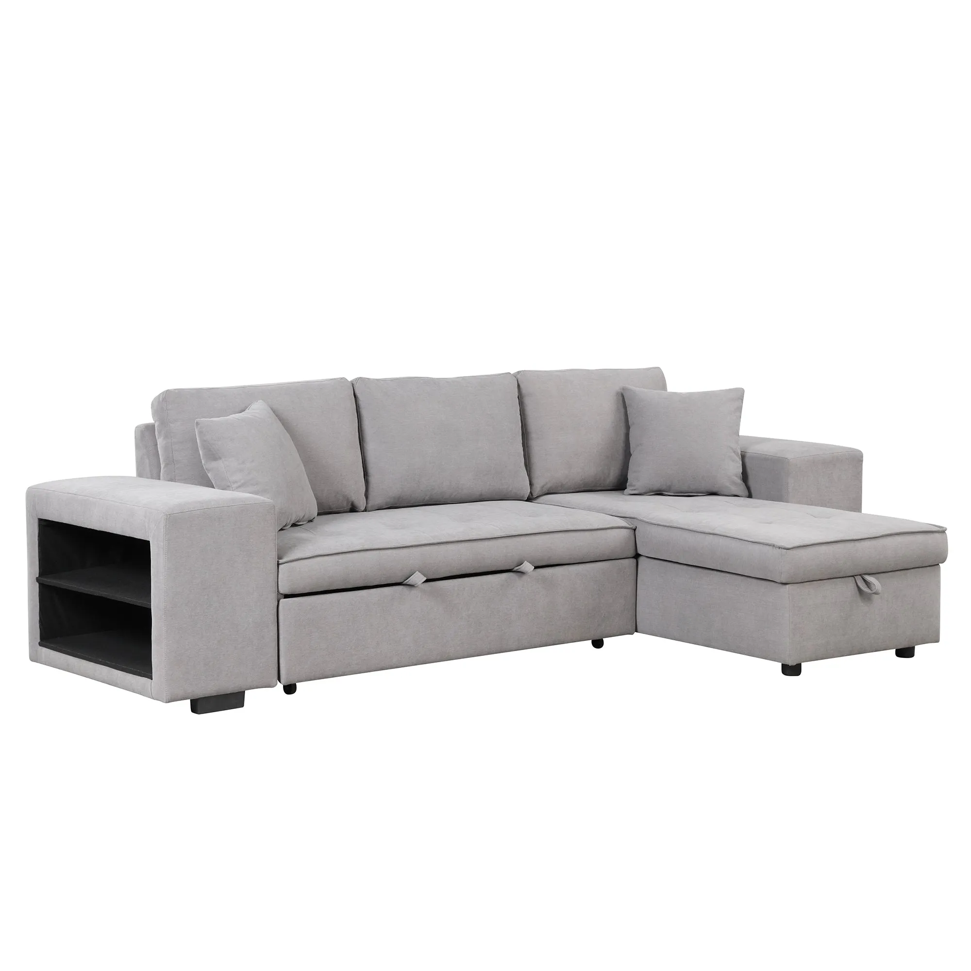 104" Pull Out Sleeper Sofa Reversible L-Shape 3 Seat Sectional Couch with Storage Chaise and 2 Stools for Living Room Furniture Set,Gray
