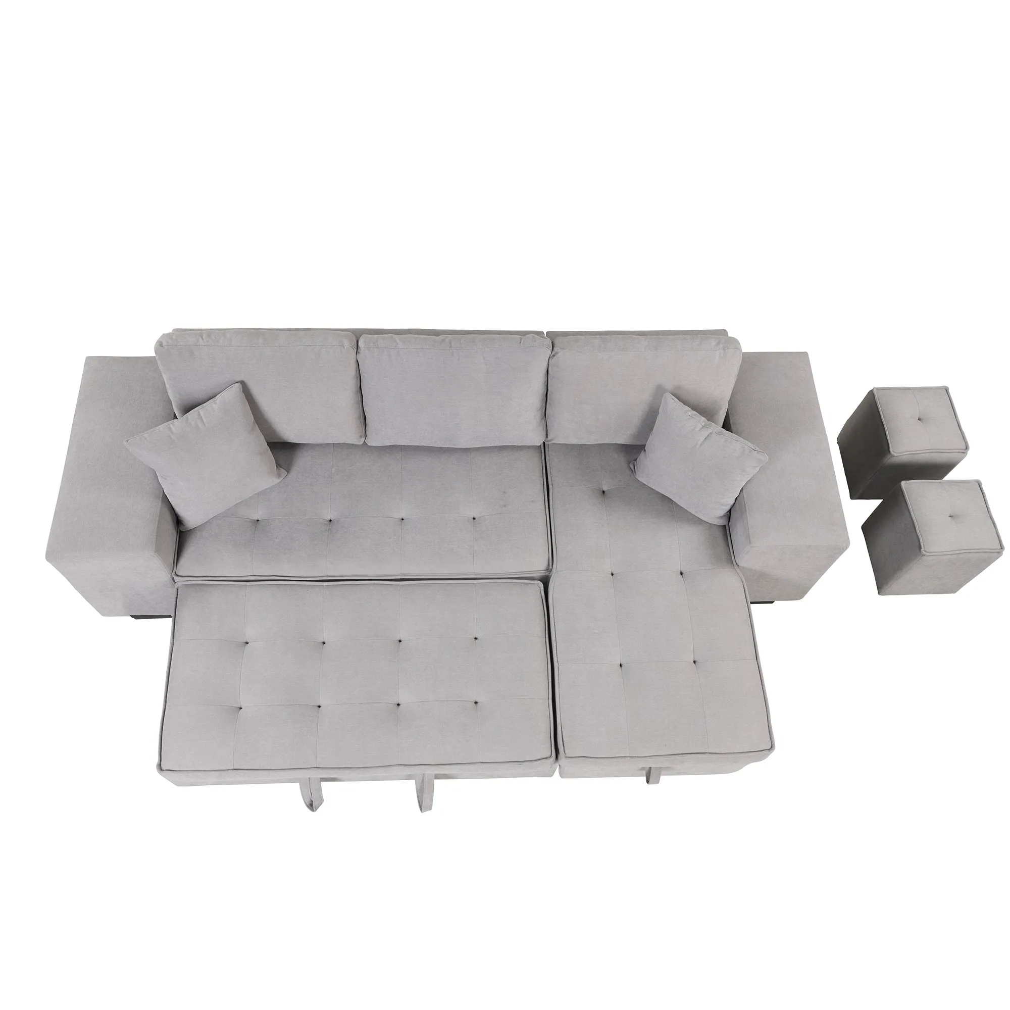 104" Pull Out Sleeper Sofa Reversible L-Shape 3 Seat Sectional Couch with Storage Chaise and 2 Stools for Living Room Furniture Set,Gray