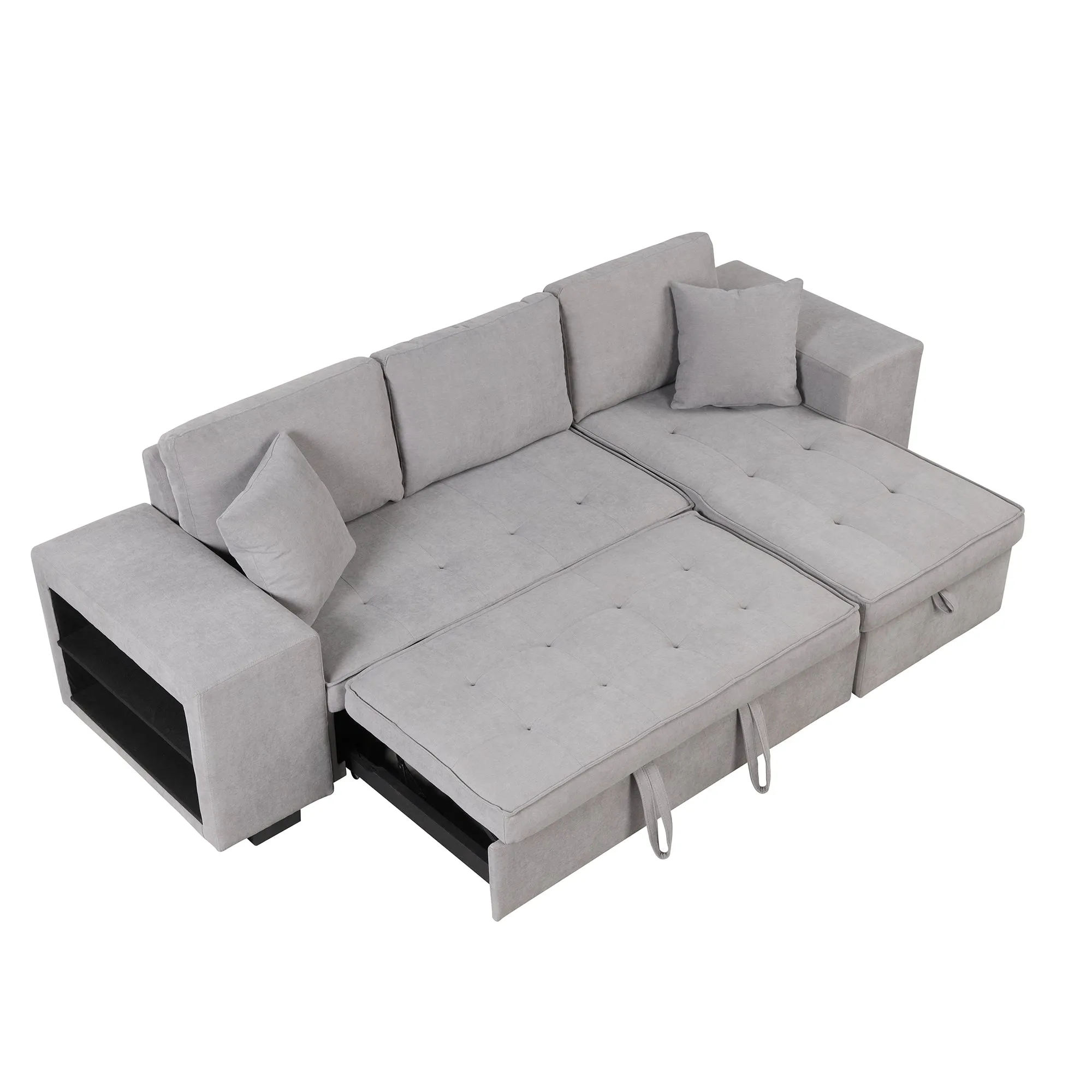 104" Pull Out Sleeper Sofa Reversible L-Shape 3 Seat Sectional Couch with Storage Chaise and 2 Stools for Living Room Furniture Set,Gray