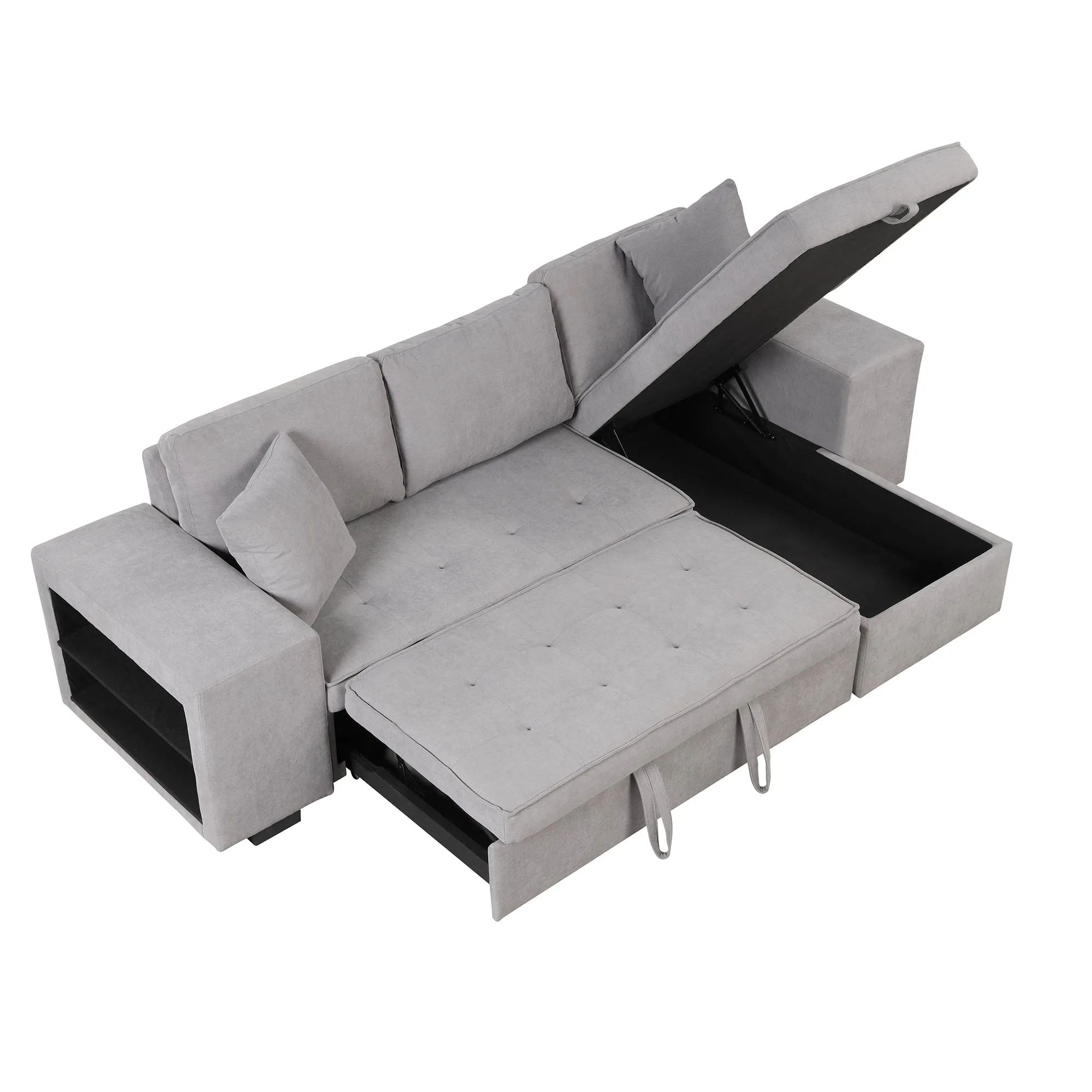 104" Pull Out Sleeper Sofa Reversible L-Shape 3 Seat Sectional Couch with Storage Chaise and 2 Stools for Living Room Furniture Set,Gray