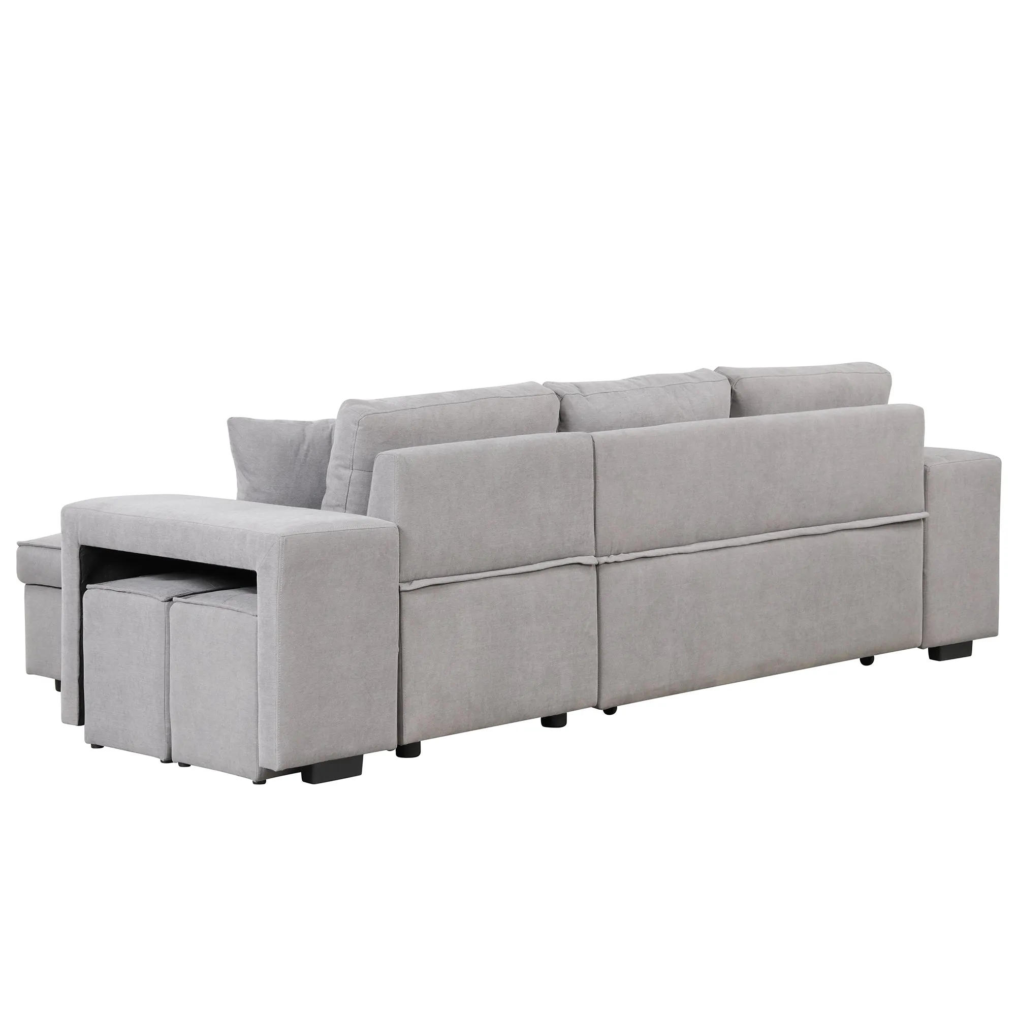 104" Pull Out Sleeper Sofa Reversible L-Shape 3 Seat Sectional Couch with Storage Chaise and 2 Stools for Living Room Furniture Set,Gray