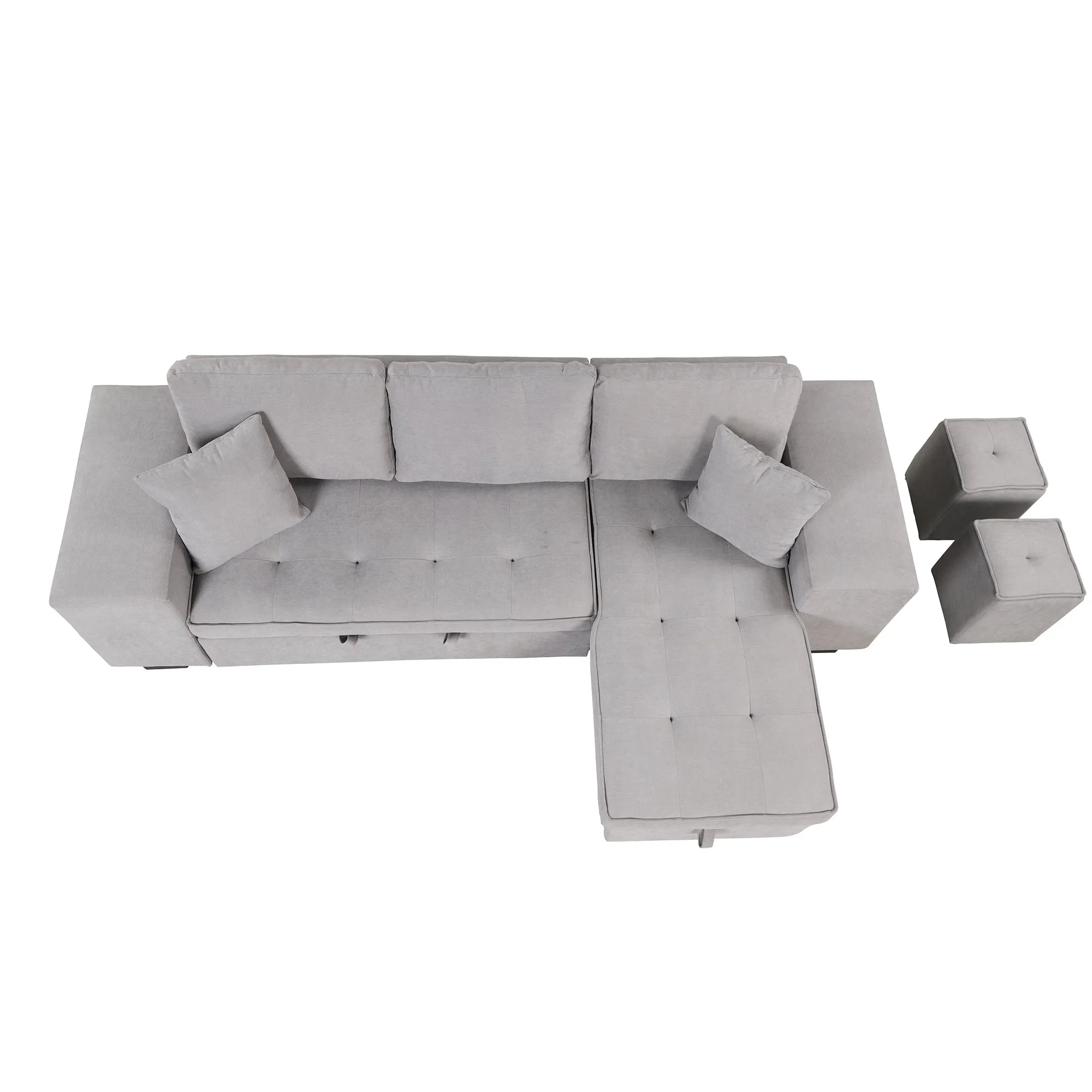 104" Pull Out Sleeper Sofa Reversible L-Shape 3 Seat Sectional Couch with Storage Chaise and 2 Stools for Living Room Furniture Set,Gray