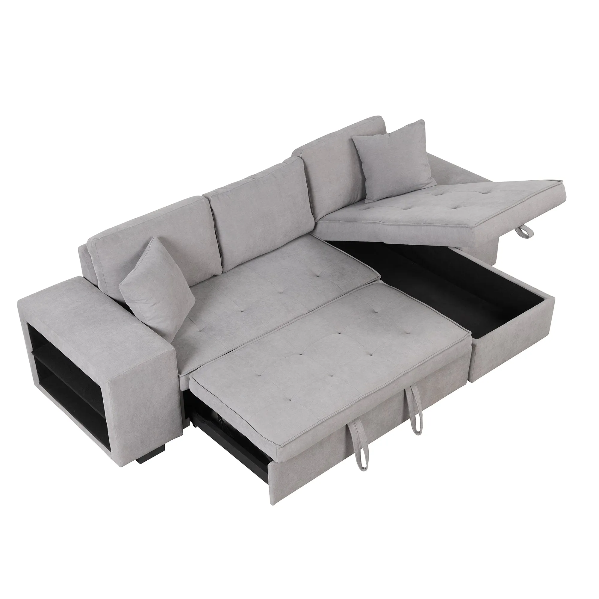 104" Pull Out Sleeper Sofa Reversible L-Shape 3 Seat Sectional Couch with Storage Chaise and 2 Stools for Living Room Furniture Set,Gray