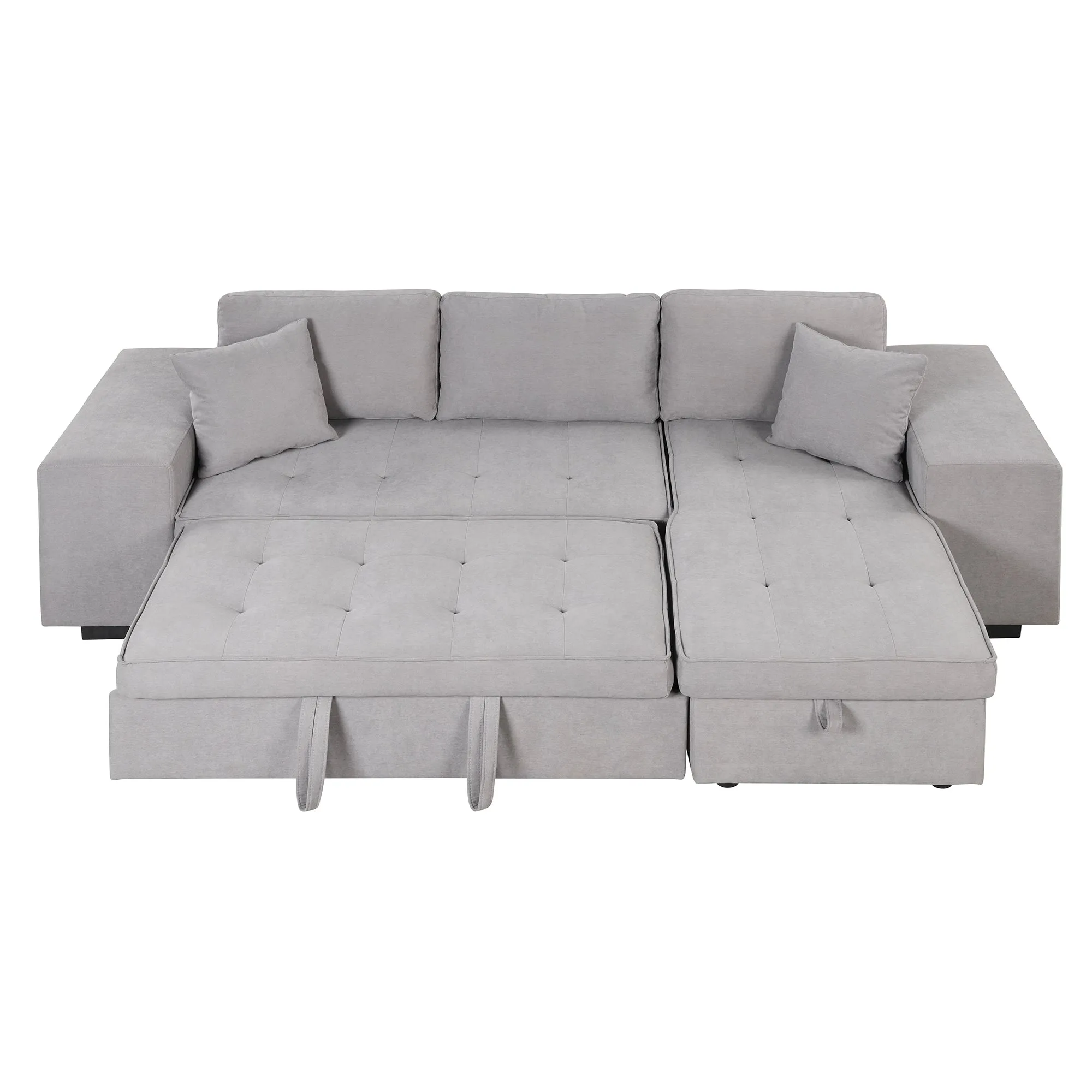 104" Pull Out Sleeper Sofa Reversible L-Shape 3 Seat Sectional Couch with Storage Chaise and 2 Stools for Living Room Furniture Set,Gray