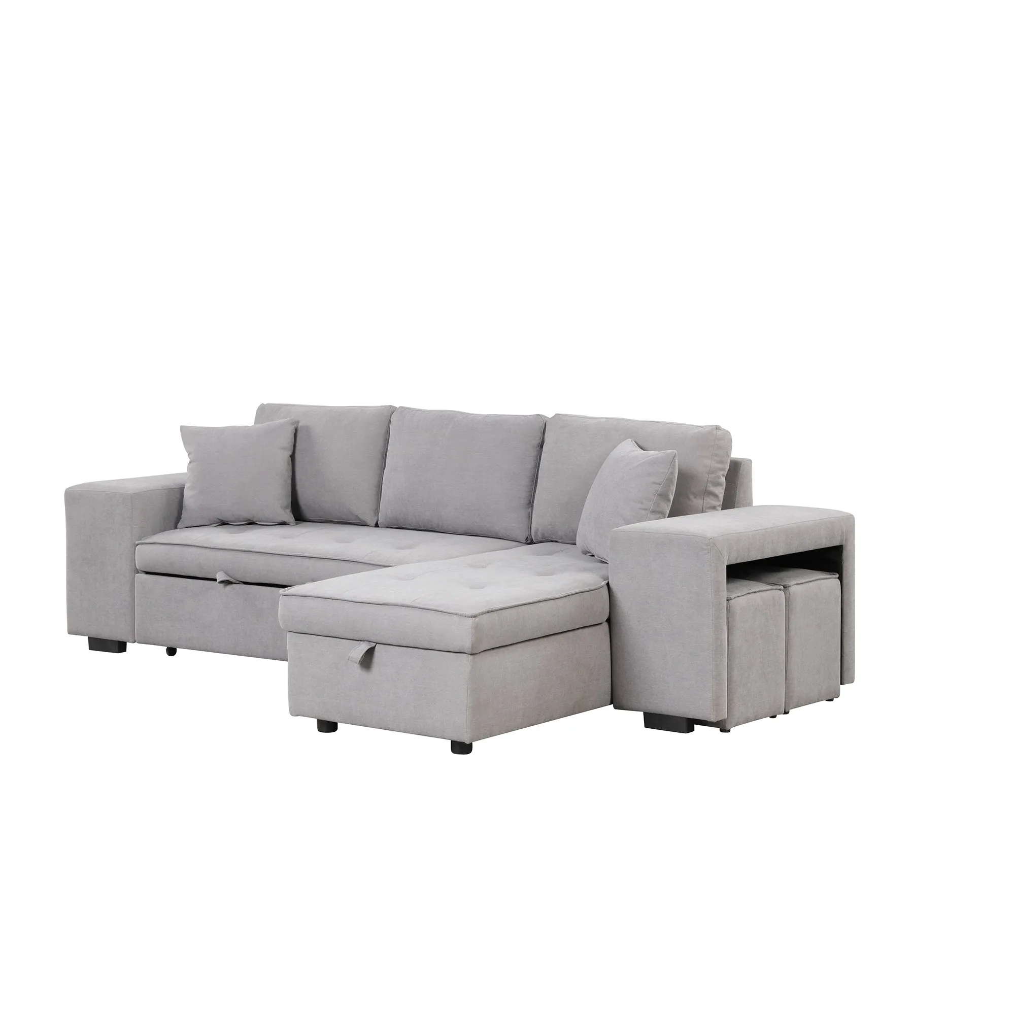 104" Pull Out Sleeper Sofa Reversible L-Shape 3 Seat Sectional Couch with Storage Chaise and 2 Stools for Living Room Furniture Set,Gray