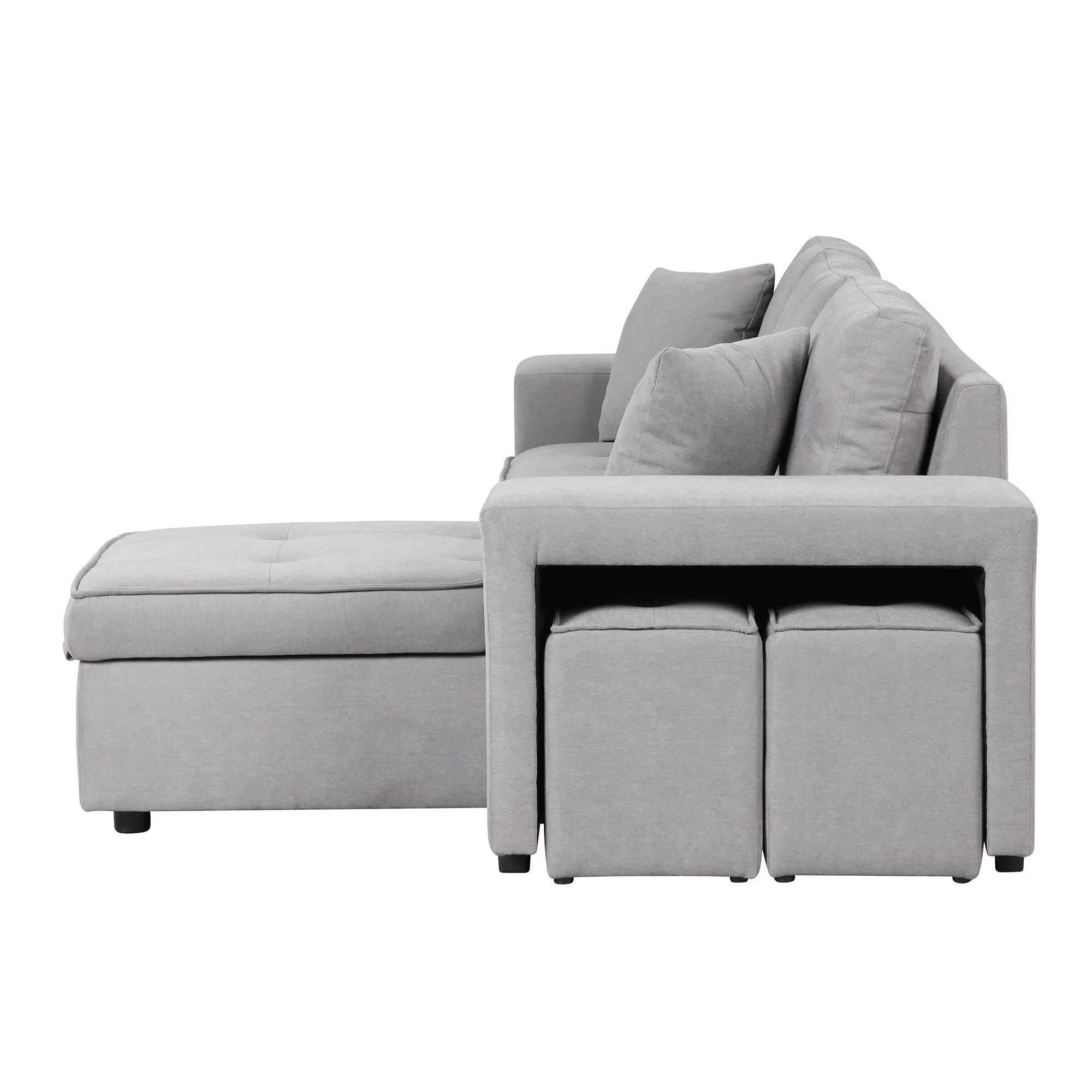 104" Pull Out Sleeper Sofa Reversible L-Shape 3 Seat Sectional Couch with Storage Chaise and 2 Stools for Living Room Furniture Set,Gray