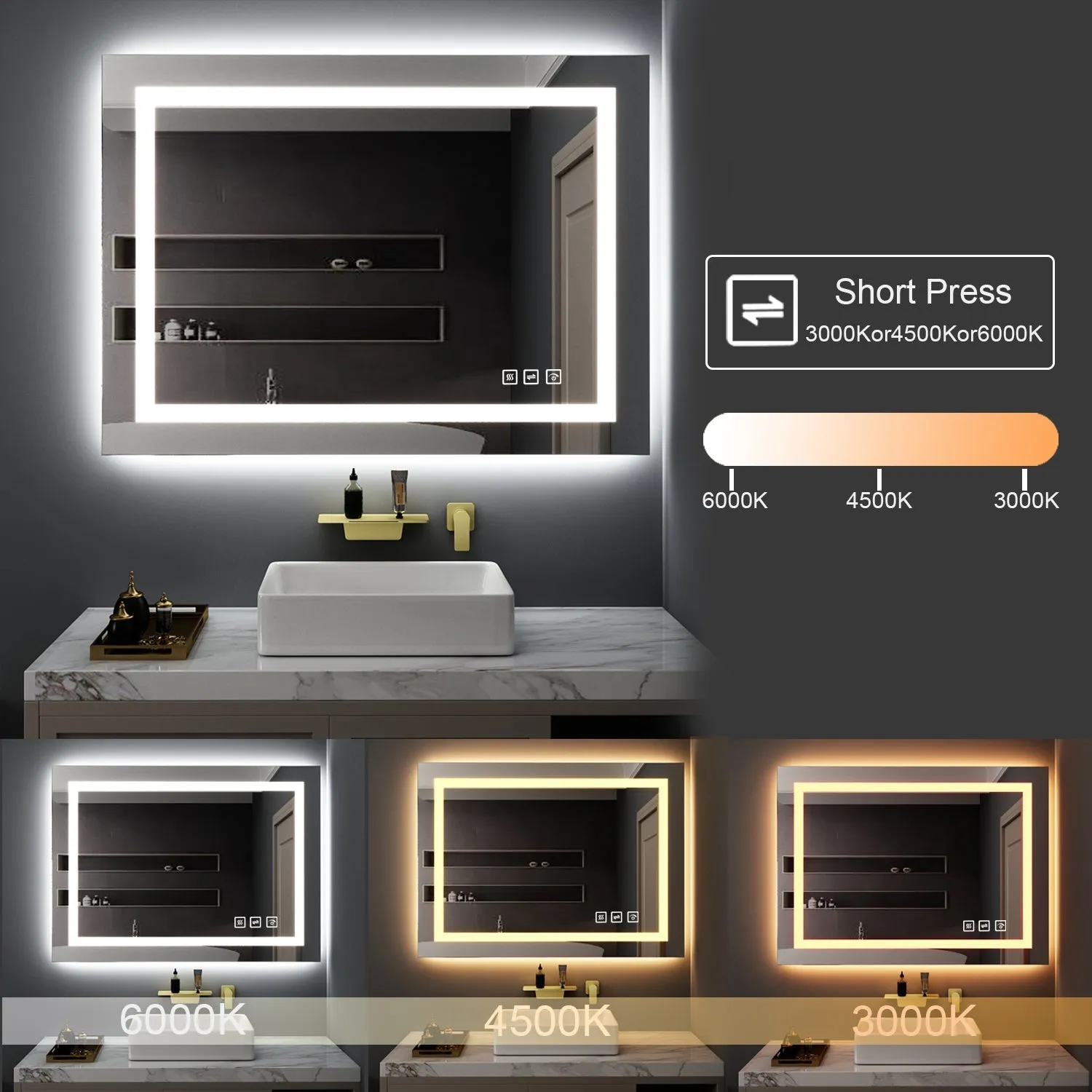 48 x 36 in LED Bathroom Mirror Rectangular Frameless Anti-fog Front Light