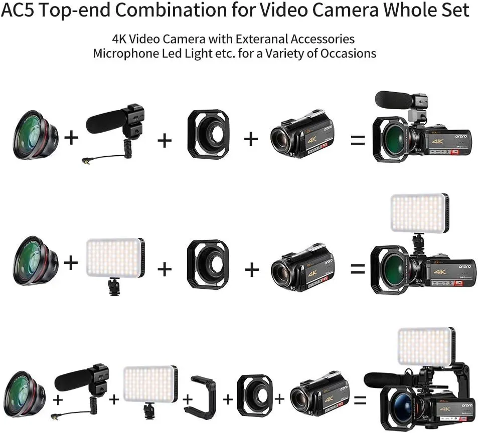 4K Video Camera Camcorder with 12x Optical Zoom 3.1" IPS HD 1080P 60FPS Microphone, Video Light, Wide Angle Lens and 64G SD Card