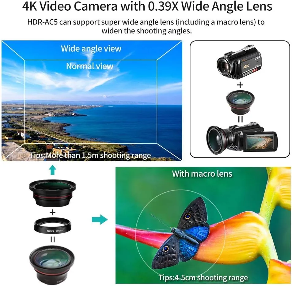 4K Video Camera Camcorder with 12x Optical Zoom 3.1" IPS HD 1080P 60FPS Microphone, Video Light, Wide Angle Lens and 64G SD Card