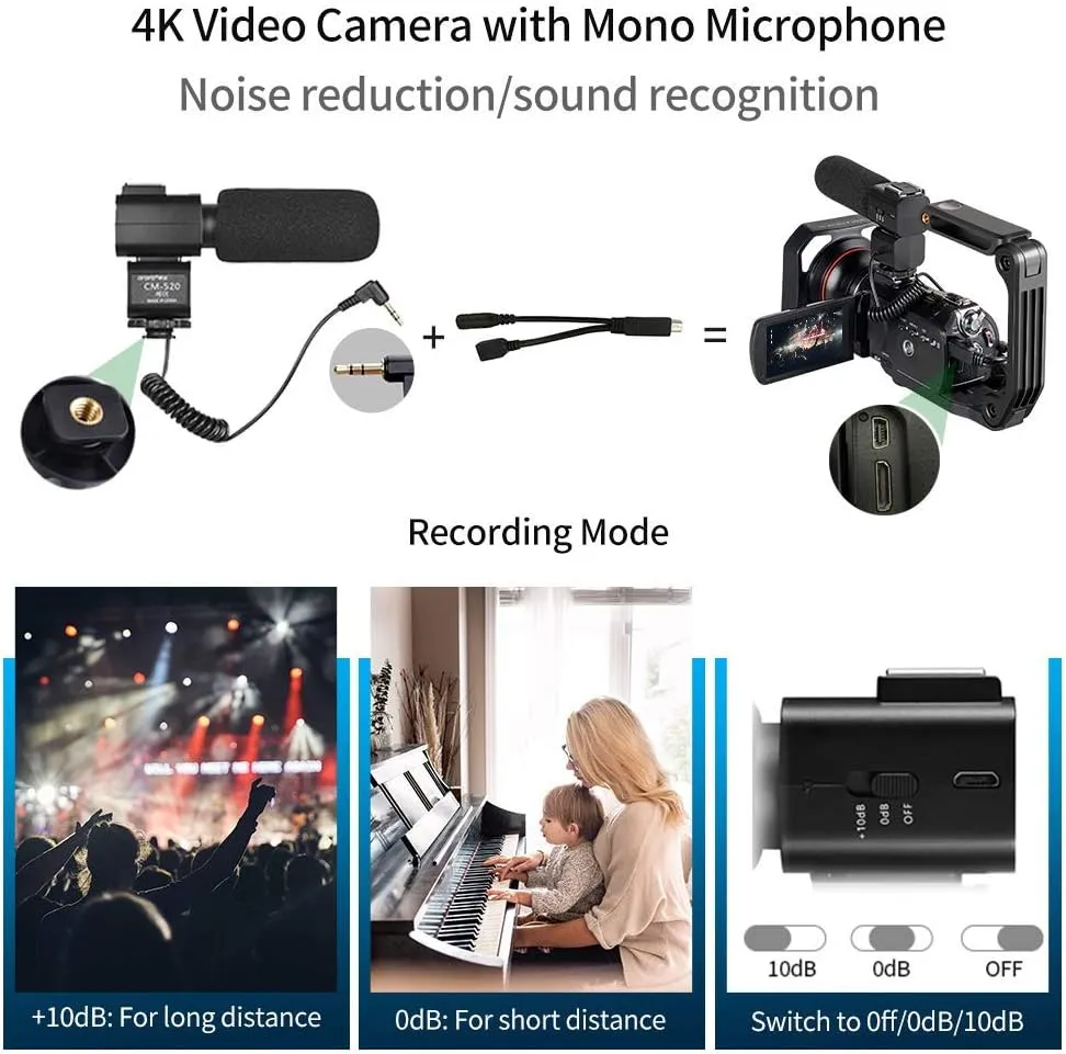 4K Video Camera Camcorder with 12x Optical Zoom 3.1" IPS HD 1080P 60FPS Microphone, Video Light, Wide Angle Lens and 64G SD Card