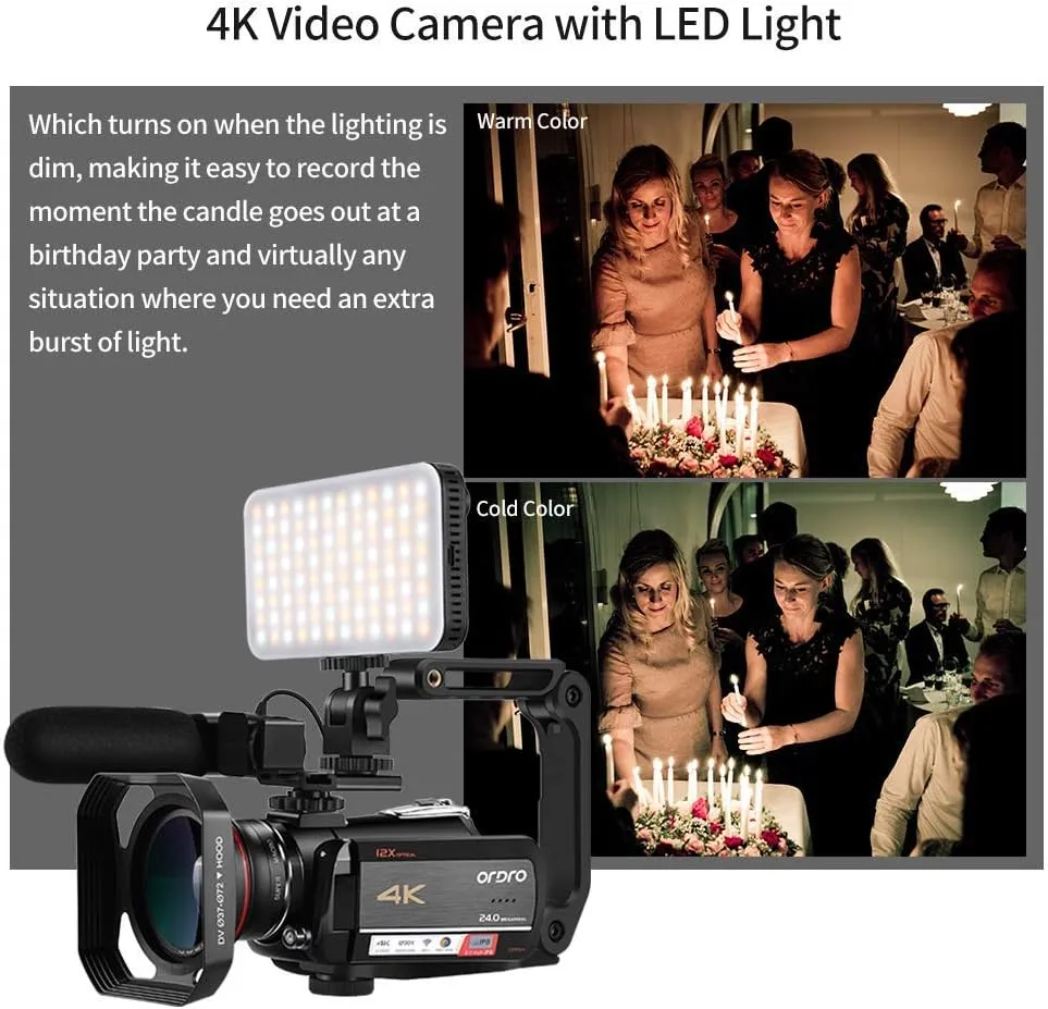 4K Video Camera Camcorder with 12x Optical Zoom 3.1" IPS HD 1080P 60FPS Microphone, Video Light, Wide Angle Lens and 64G SD Card