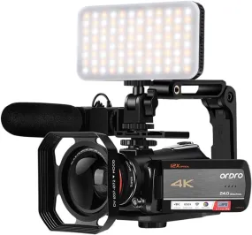 4K Video Camera Camcorder with 12x Optical Zoom 3.1" IPS HD 1080P 60FPS Microphone, Video Light, Wide Angle Lens and 64G SD Card