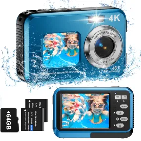 ACTITOP 48 MP 4K Dual Screen Underwater Camera, Blue - Waterproof