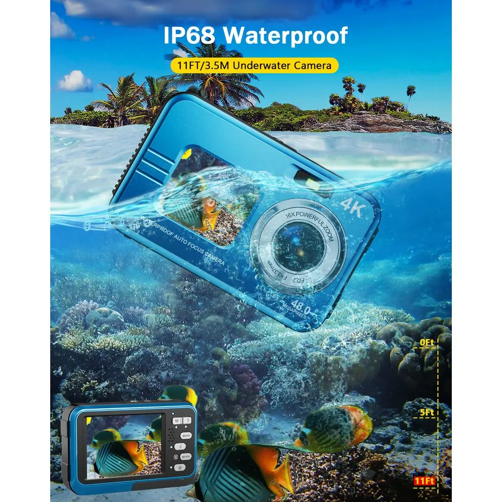 ACTITOP 48 MP 4K Dual Screen Underwater Camera, Blue - Waterproof