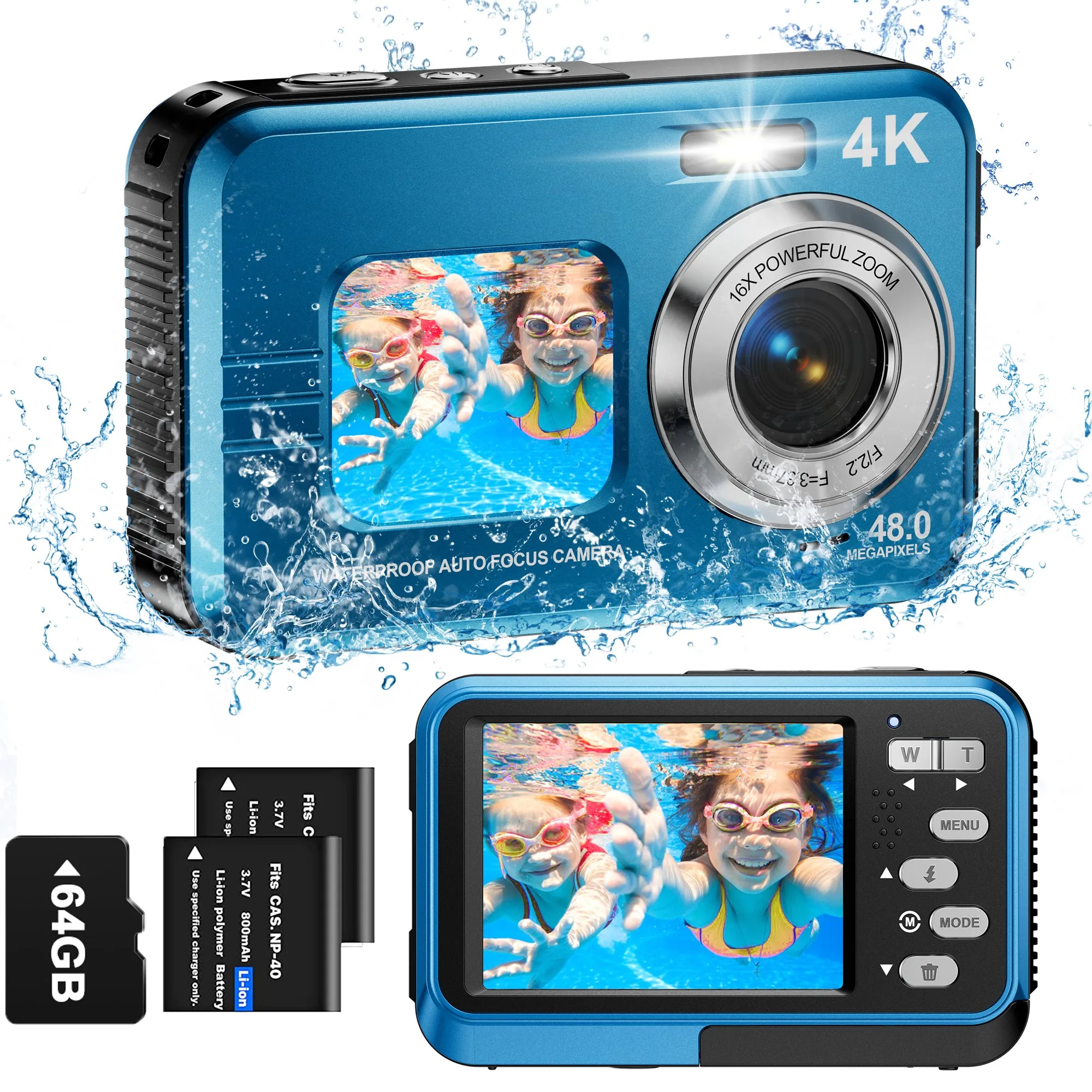 ACTITOP 48 MP 4K Dual Screen Underwater Camera, Blue - Waterproof