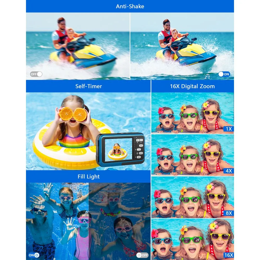 ACTITOP 48 MP 4K Dual Screen Underwater Camera, Blue - Waterproof