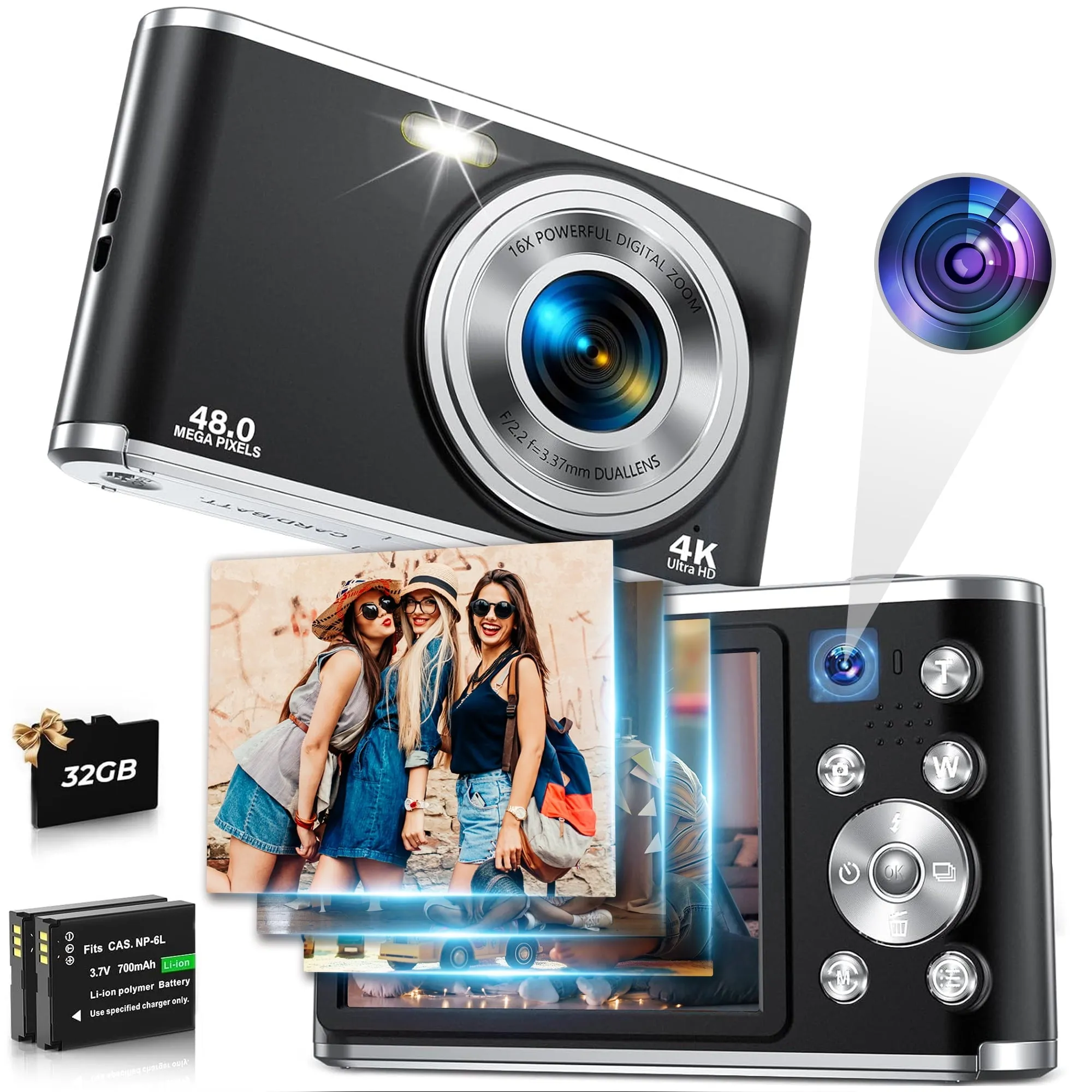 ACTITOP 4K 48MP Vlogging Digital Camera with 32GB Card, Black - Autofocus