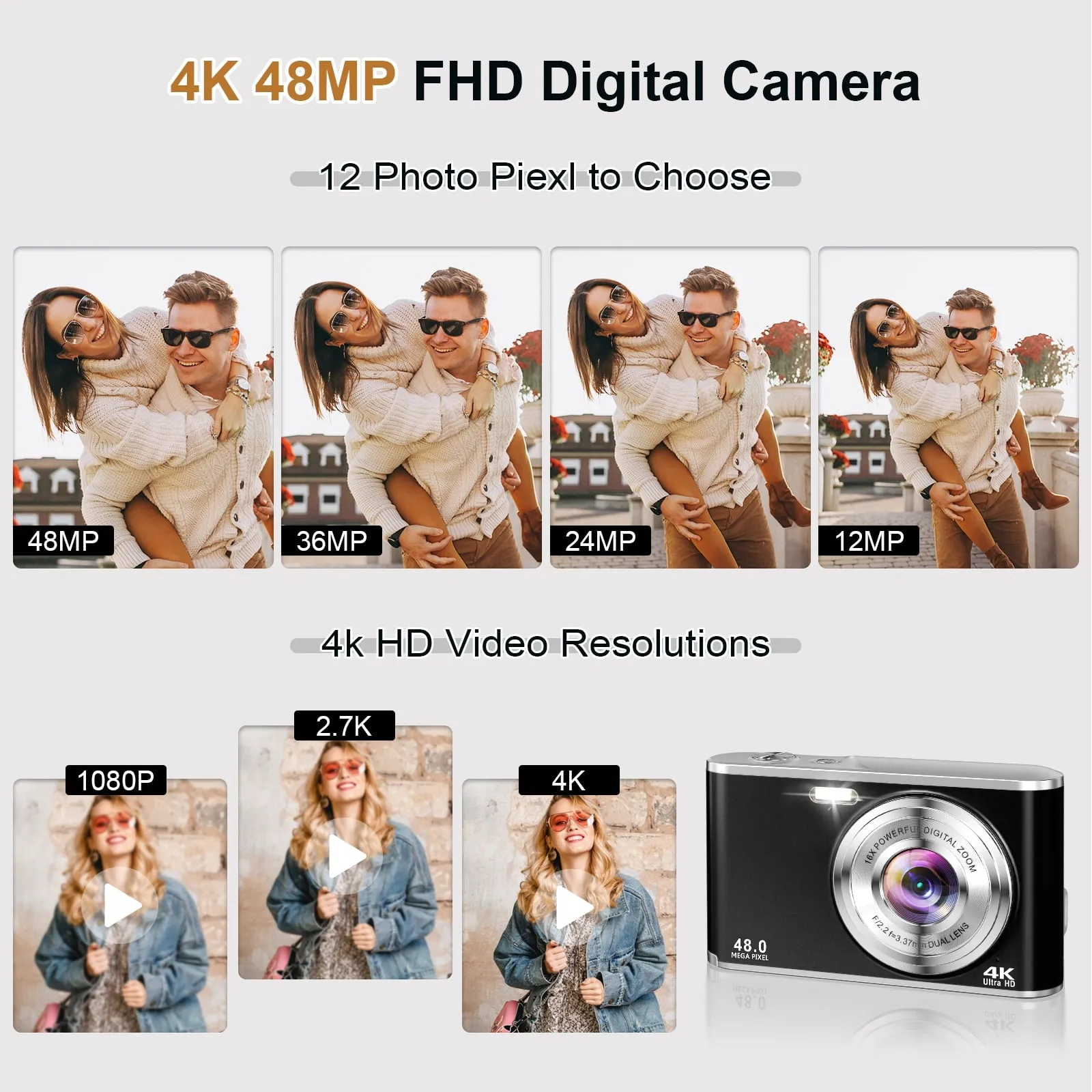 ACTITOP 4K 48MP Vlogging Digital Camera with 32GB Card, Black - Autofocus
