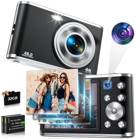 ACTITOP 4K 48MP Vlogging Digital Camera with 32GB Card, Black - Autofocus