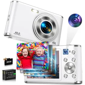 ACTITOP 4K Digital Camera with Autofocus Front and Rear with 32GB Card 48MP Camera - White
