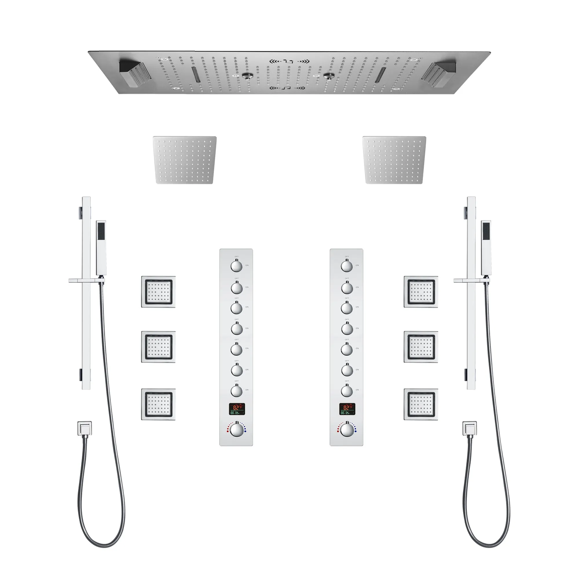 Colorado|36"X 16" In Dual Showerhead 7 Functions Complete Led Music Shower System 6 Body Jets 2x Wall Mounted Rainfall Showerhead