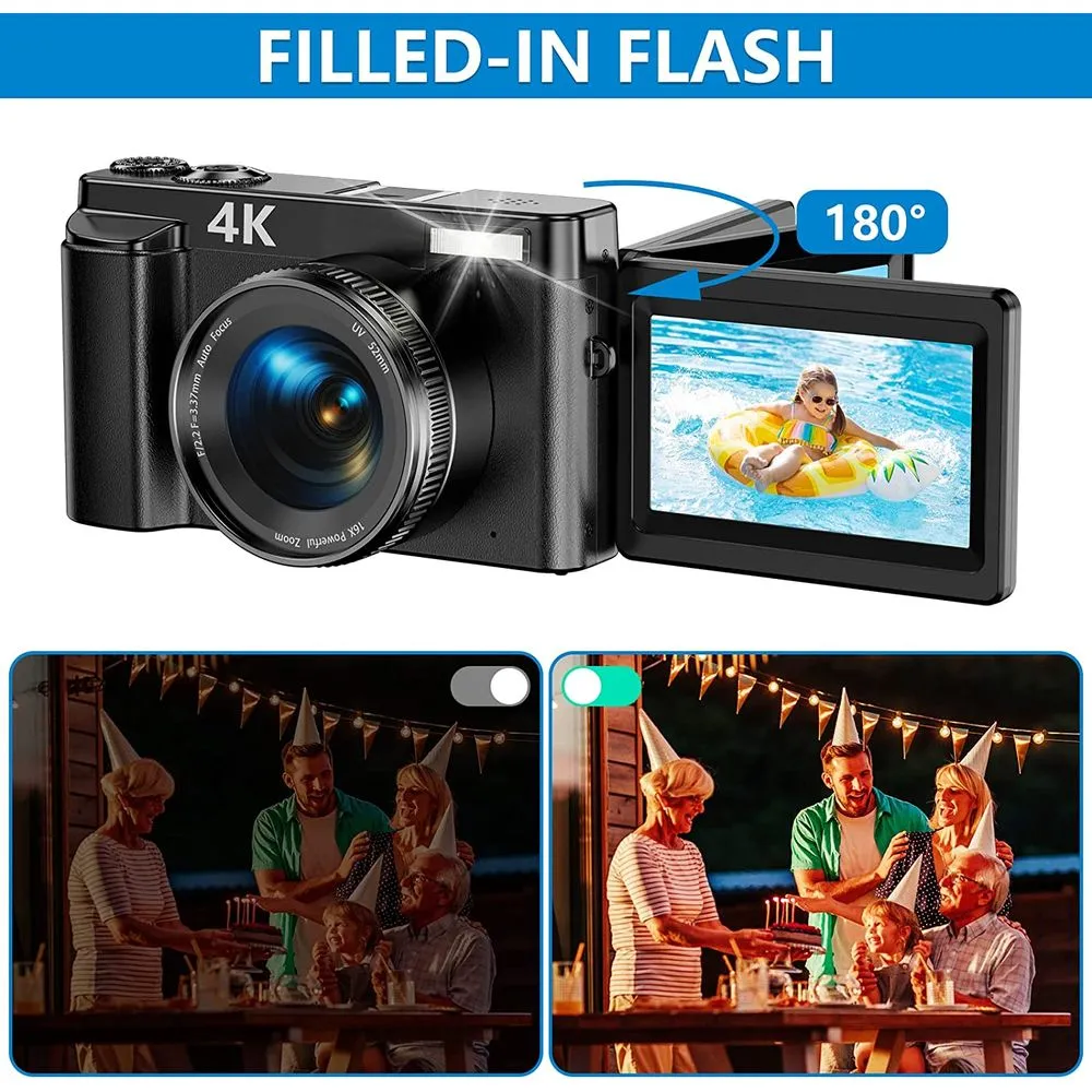 CUZTHEZA DC102 4K Digital Camera 48MP Autofocus Compact Camera with 16X Digital Zoom and 32GB SD Card