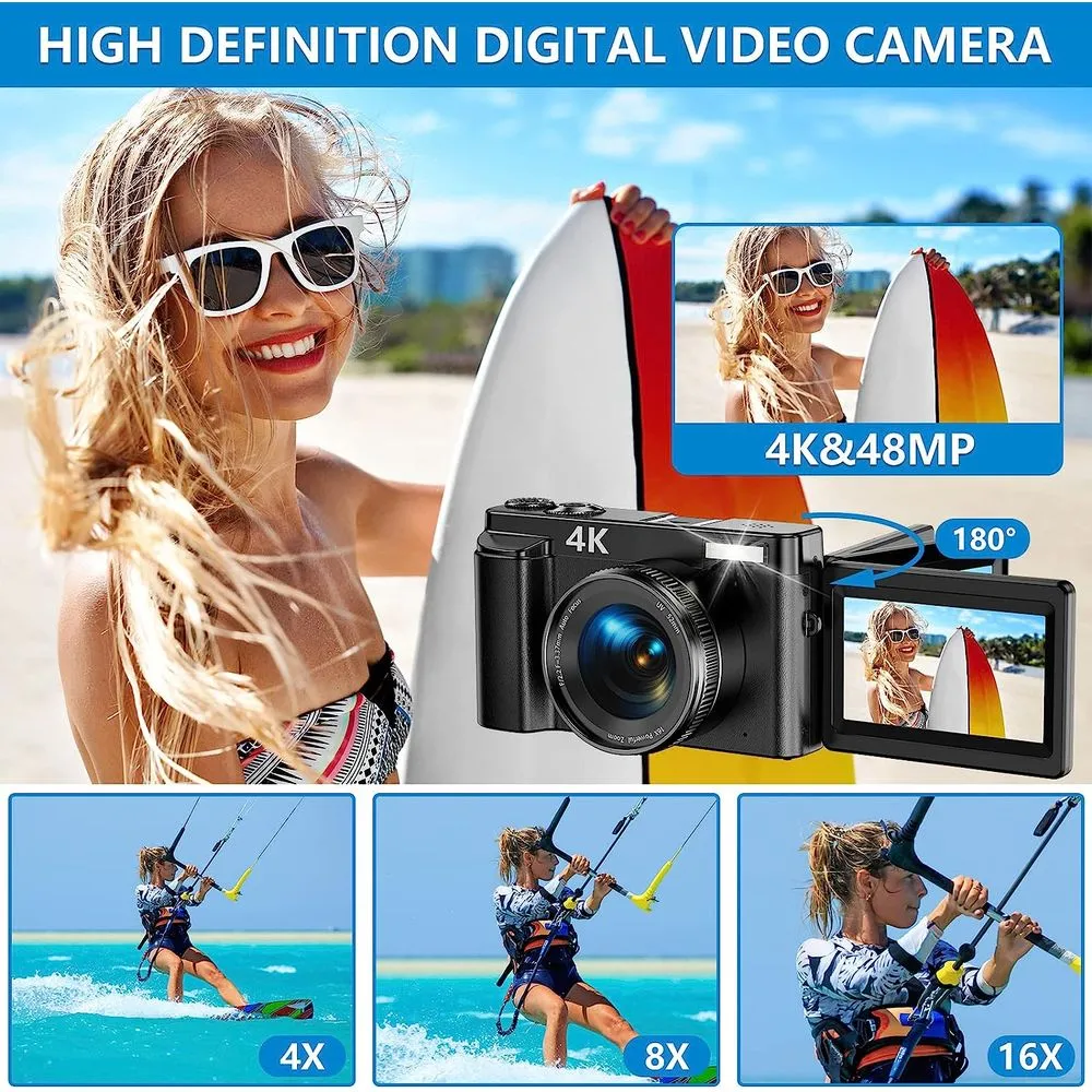 CUZTHEZA DC102 4K Digital Camera 48MP Autofocus Compact Camera with 16X Digital Zoom and 32GB SD Card