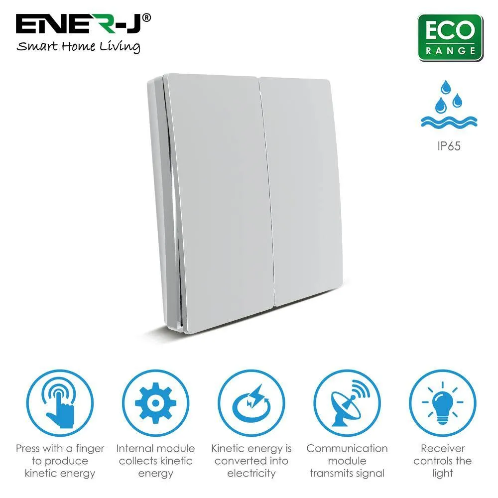 ENERJ 2 Gang Wireless Kinetic Switch ECO RANGE, Silver Body