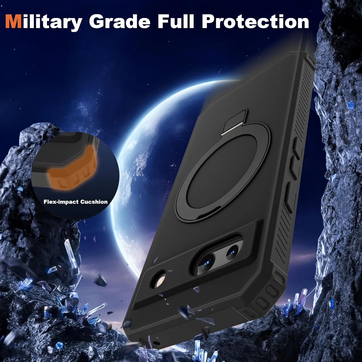 Google Pixel 9 Pro XL Case Build-in Ring Stand Shockproof Anti-Slip Protective Phone Case Black