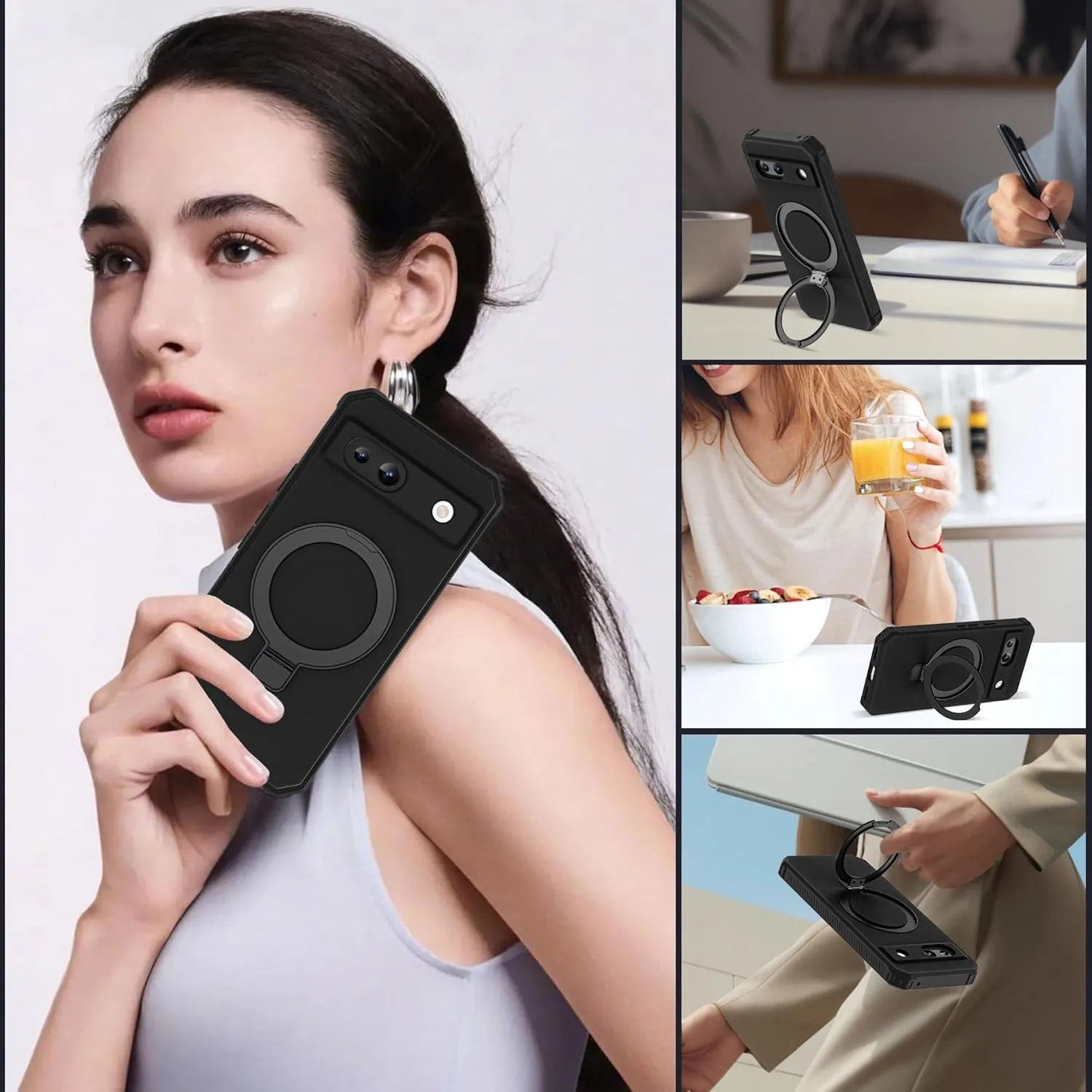 Google Pixel 9 Pro XL Case Build-in Ring Stand Shockproof Anti-Slip Protective Phone Case Black