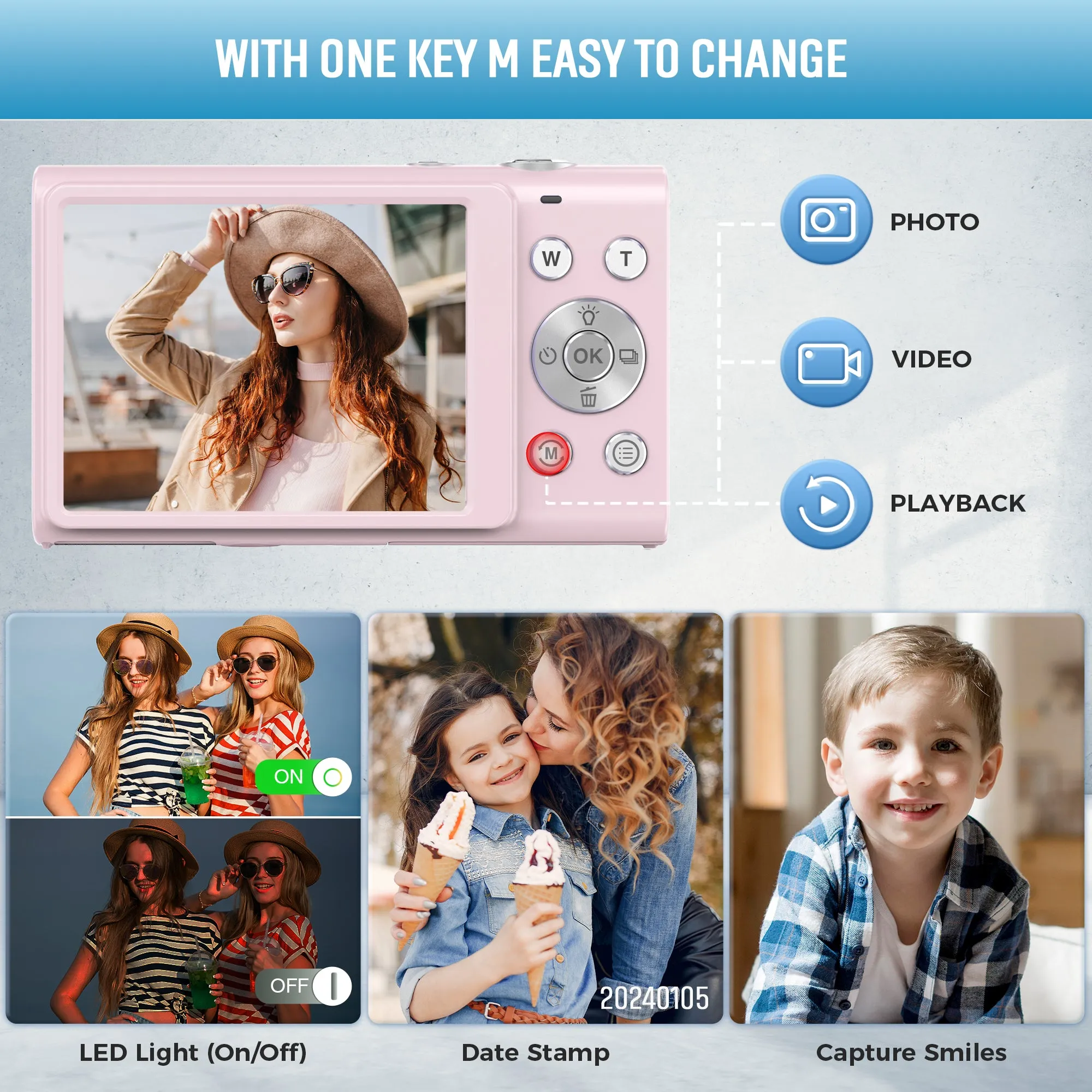 HICSHON DC402 Autofocus 4K Digital Camera, w/ 32GB TF Card 48MP 16X Digital Zoom, Pink
