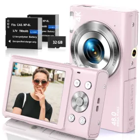 HICSHON DC402 Autofocus 4K Digital Camera, w/ 32GB TF Card 48MP 16X Digital Zoom, Pink