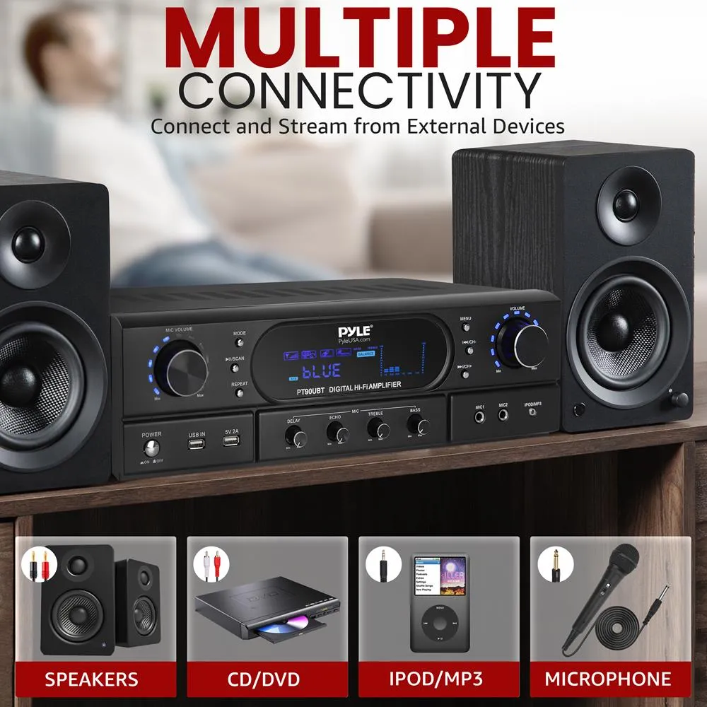 Home Theater Wireless Bt Streaming Receiver Amplifier- 2X90Watts Home Audio Power Amplifier Mp3/Usb Readers And Fm Radio, Dual Channel Wireless Sound Audio Stereo Receiver System