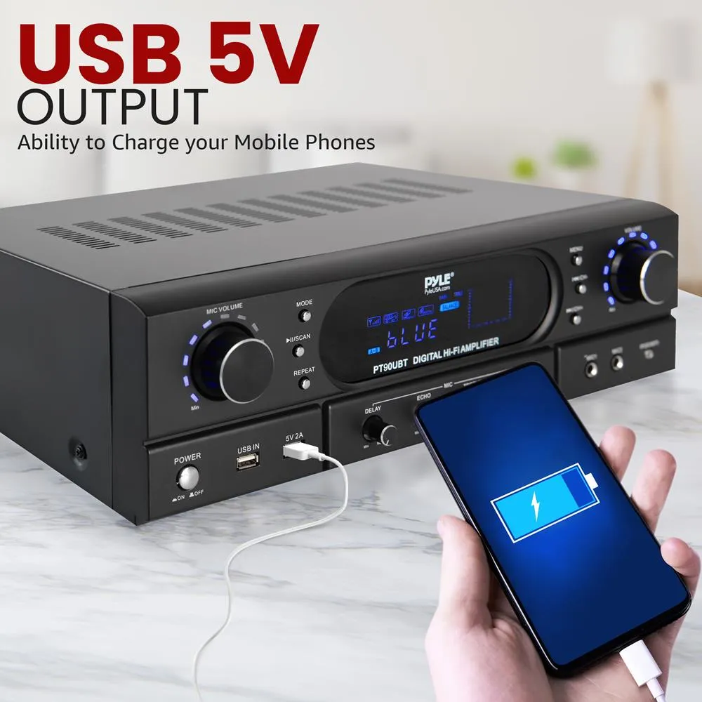Home Theater Wireless Bt Streaming Receiver Amplifier- 2X90Watts Home Audio Power Amplifier Mp3/Usb Readers And Fm Radio, Dual Channel Wireless Sound Audio Stereo Receiver System