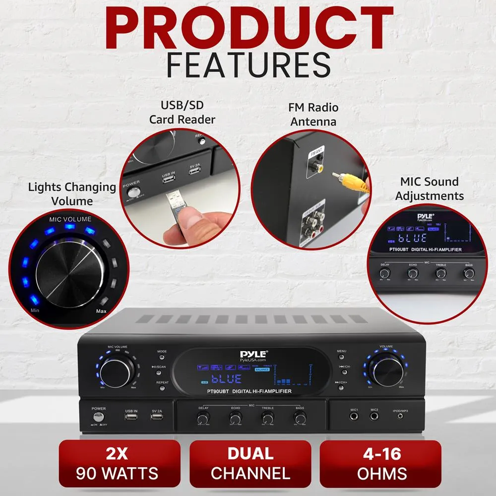 Home Theater Wireless Bt Streaming Receiver Amplifier- 2X90Watts Home Audio Power Amplifier Mp3/Usb Readers And Fm Radio, Dual Channel Wireless Sound Audio Stereo Receiver System