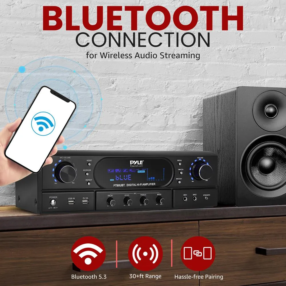Home Theater Wireless Bt Streaming Receiver Amplifier- 2X90Watts Home Audio Power Amplifier Mp3/Usb Readers And Fm Radio, Dual Channel Wireless Sound Audio Stereo Receiver System