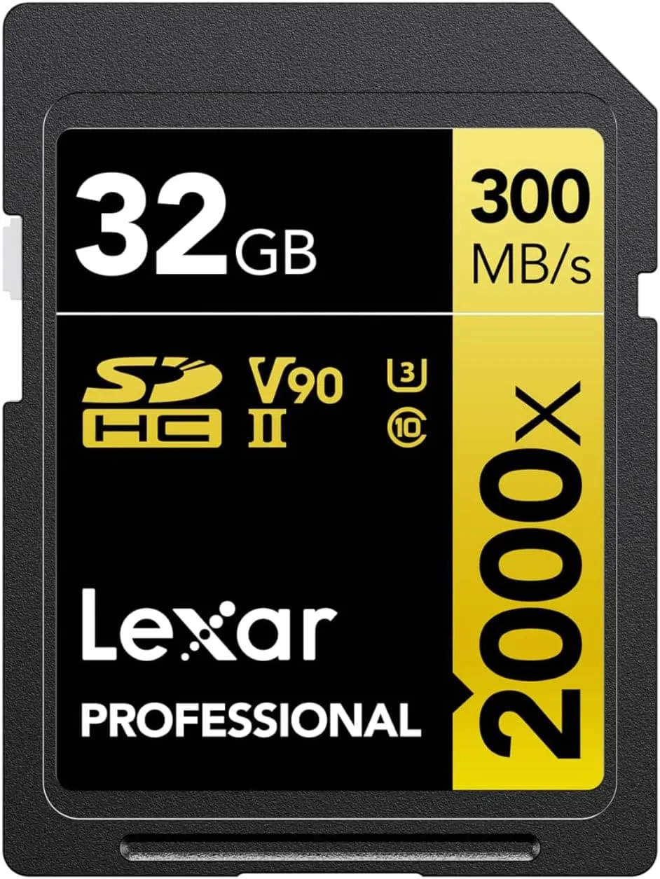 Lexar Professional 2000x SD Card 32GB, SDXC UHS-II Memory Card, Up to 300MB/s Read, for DSLR, Cinema-Quality Video Cameras (LSD2000032G-BNNAG)
