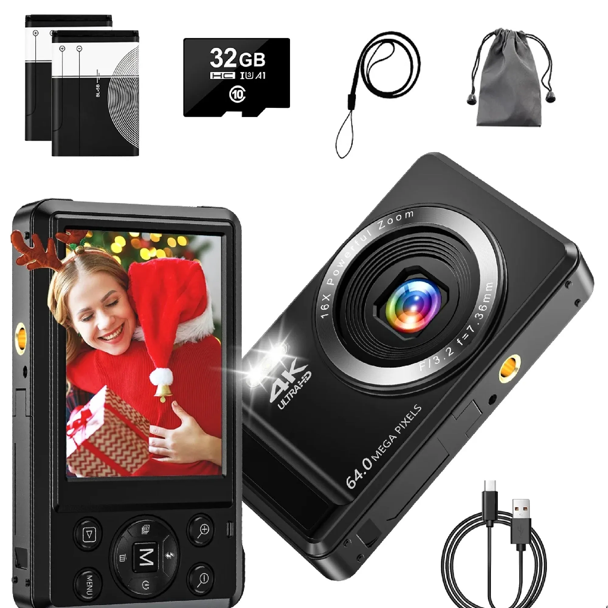 MARVUE DC065-Black Digital Camera 4K UHD 64MP Vlogging Camera, Autofocus Compact Camera with 16X Digital Zoom, Point and Shoot Digital Camera with 32GB SD Card & 2 Batteries