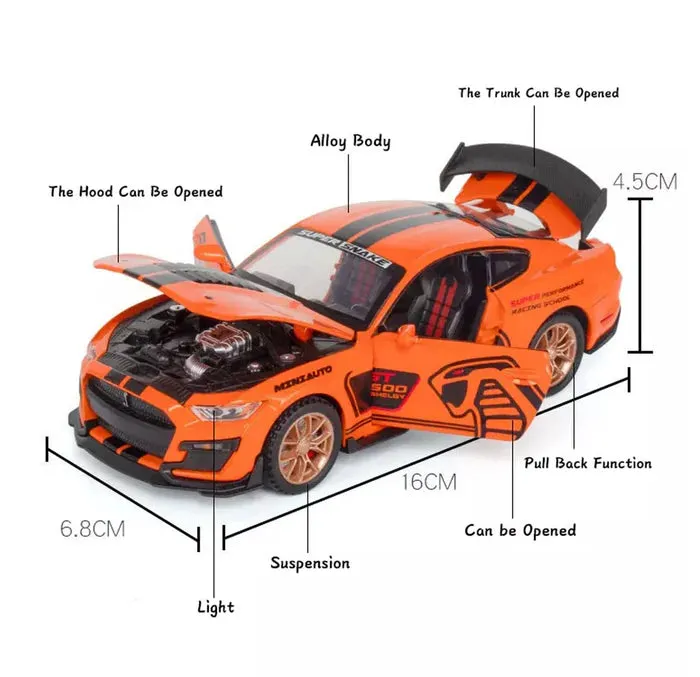 MUSTANG GT500 1:32 DIECAST METAL PULLBACK TOY CAR WITH OPENABLE DOORS & LIGHT, MUSIC BOYS CAR FOR KIDS BEST TOYS GIFTS TOYS FOR KIDS [ COLOR AS PER STOCK ]