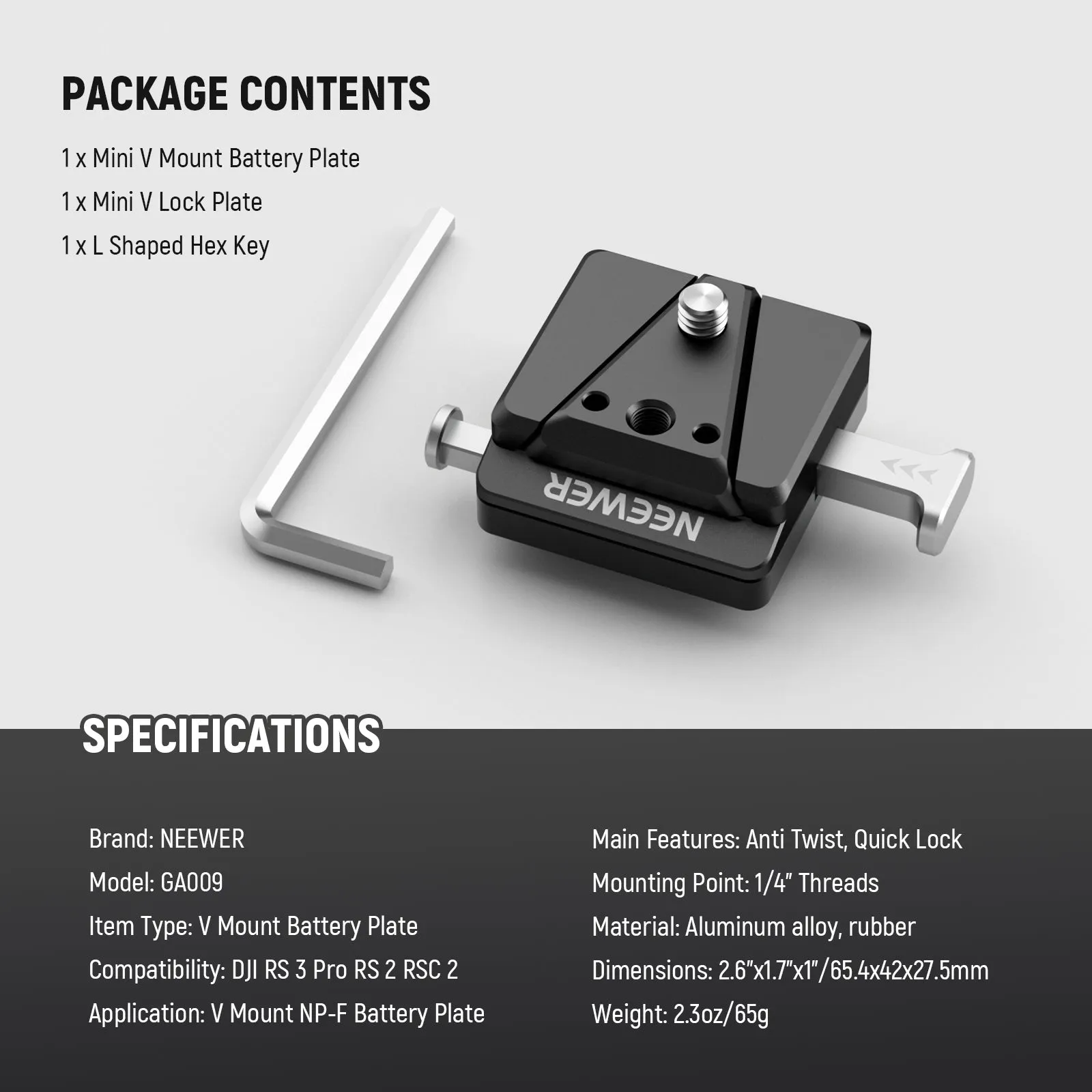 NEEWER GA009 Mini V Mount Battery Plate for DJI RS 2 RSC 2 RS 3