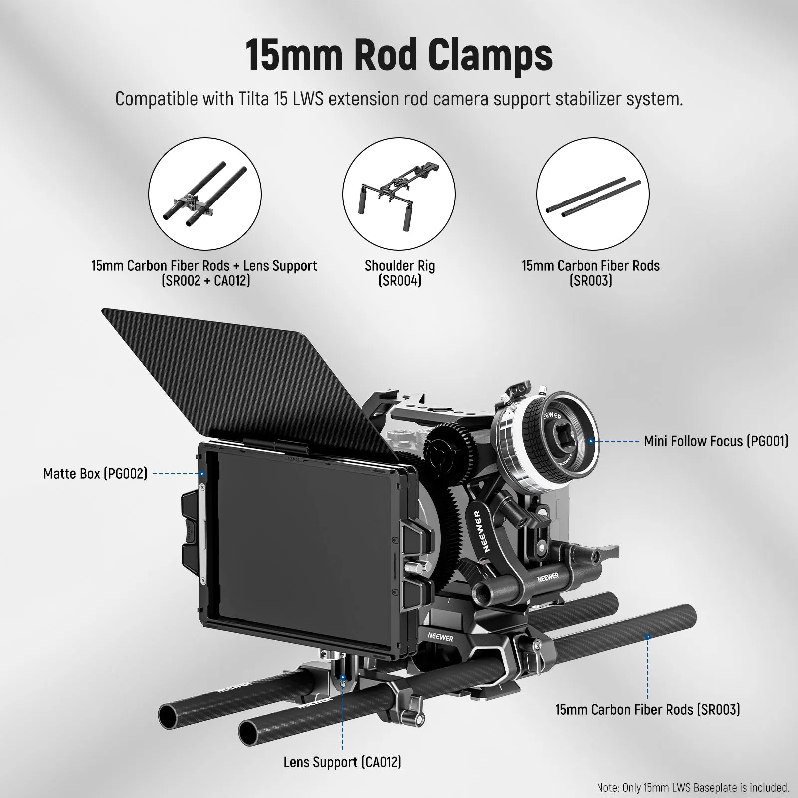 NEEWER SR015 Arca Type 15mm LWS Baseplate with Rod Clamps