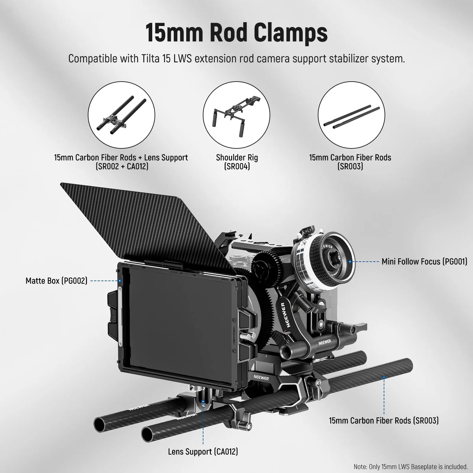 NEEWER SR015 Arca Type 15mm LWS Baseplate with Rod Clamps