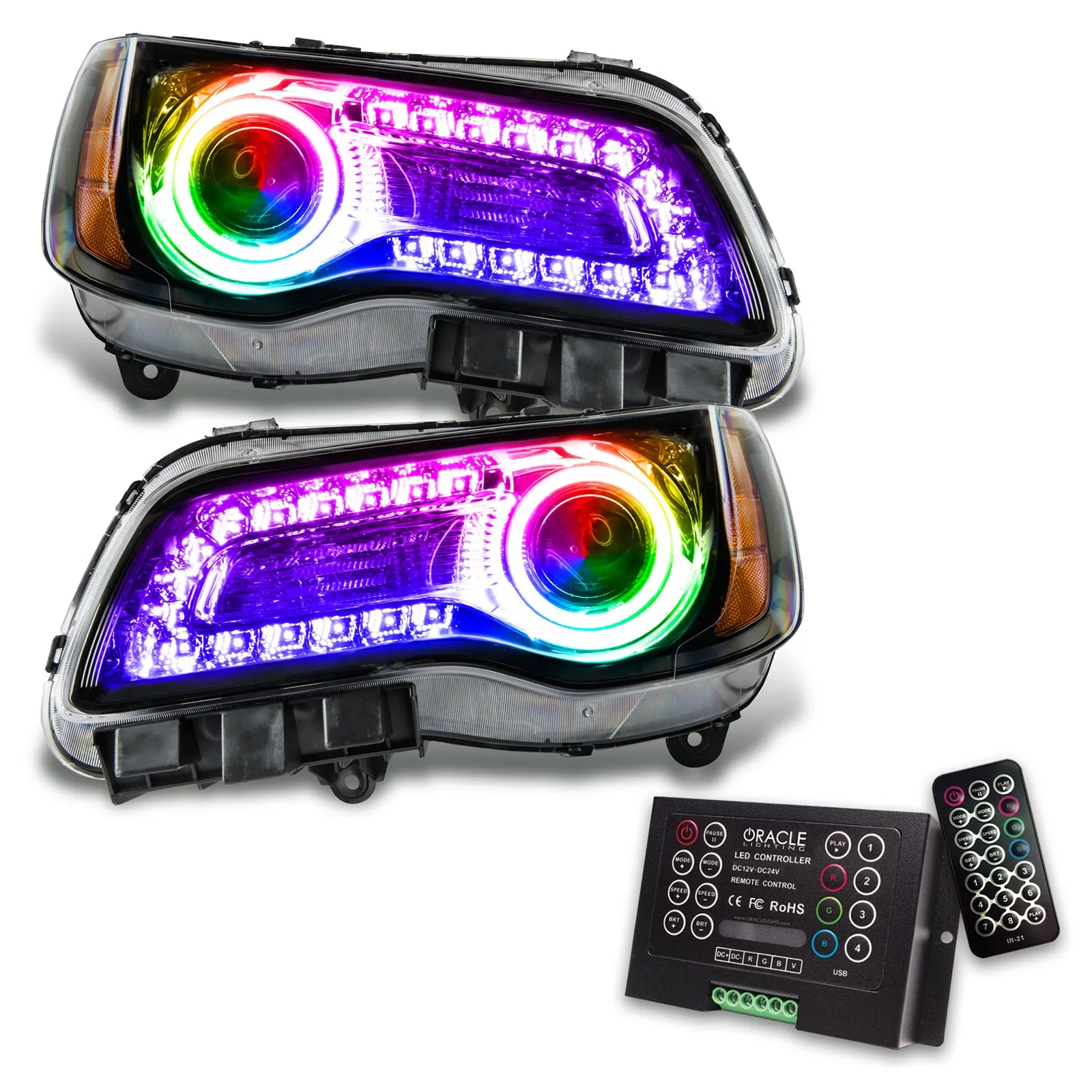 ORACLE Lighting 2011-2014 Chrysler 300C NON HID Pre-Assembled Headlights - Black Housing - ColorSHIFT DRL