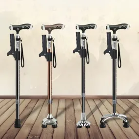Portable Four-Legged Cane with Lamp, Retractable T-Handle, Durable Non-Slip Elderly Crutches for Stability and Mobility