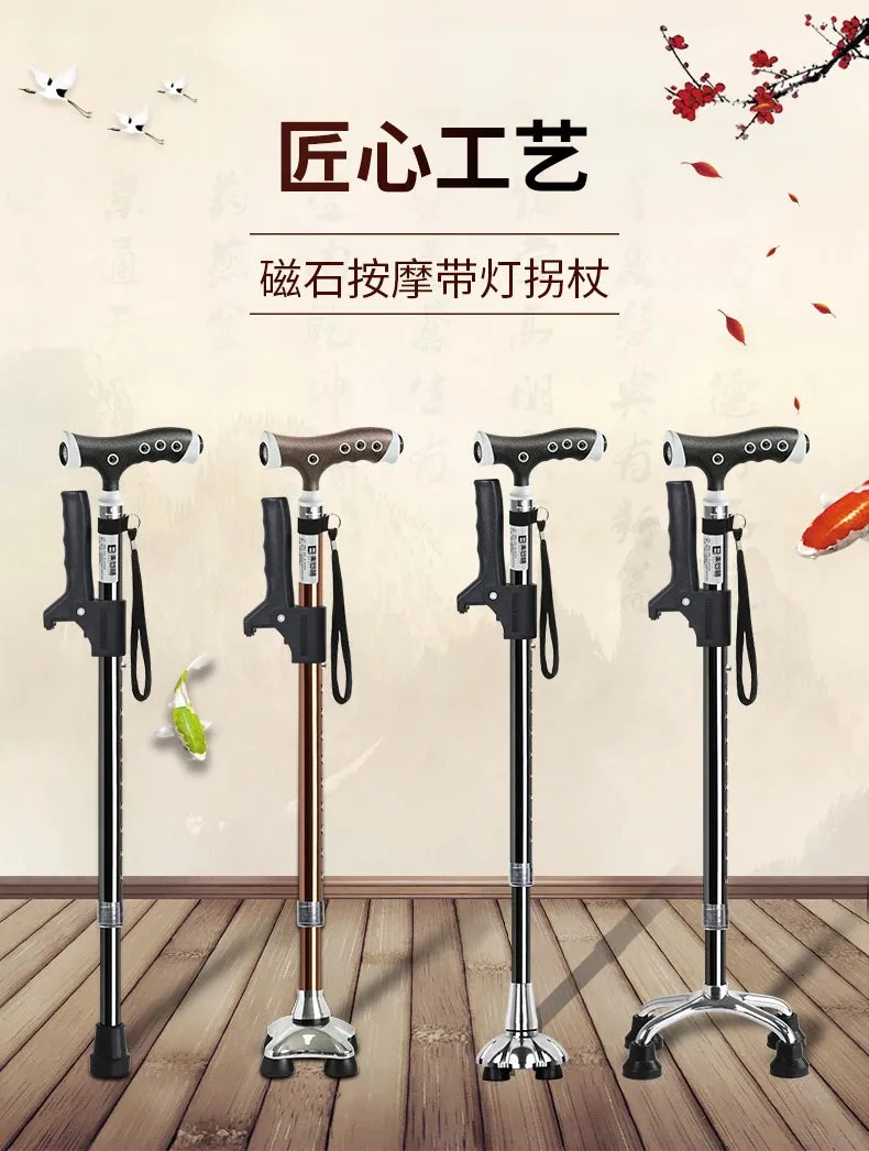 Portable Four-Legged Cane with Lamp, Retractable T-Handle, Durable Non-Slip Elderly Crutches for Stability and Mobility
