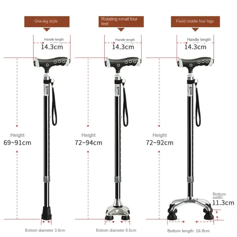 Portable Four-Legged Cane with Lamp, Retractable T-Handle, Durable Non-Slip Elderly Crutches for Stability and Mobility