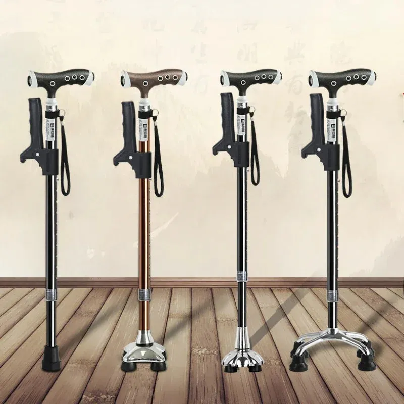 Portable Four-Legged Cane with Lamp, Retractable T-Handle, Durable Non-Slip Elderly Crutches for Stability and Mobility