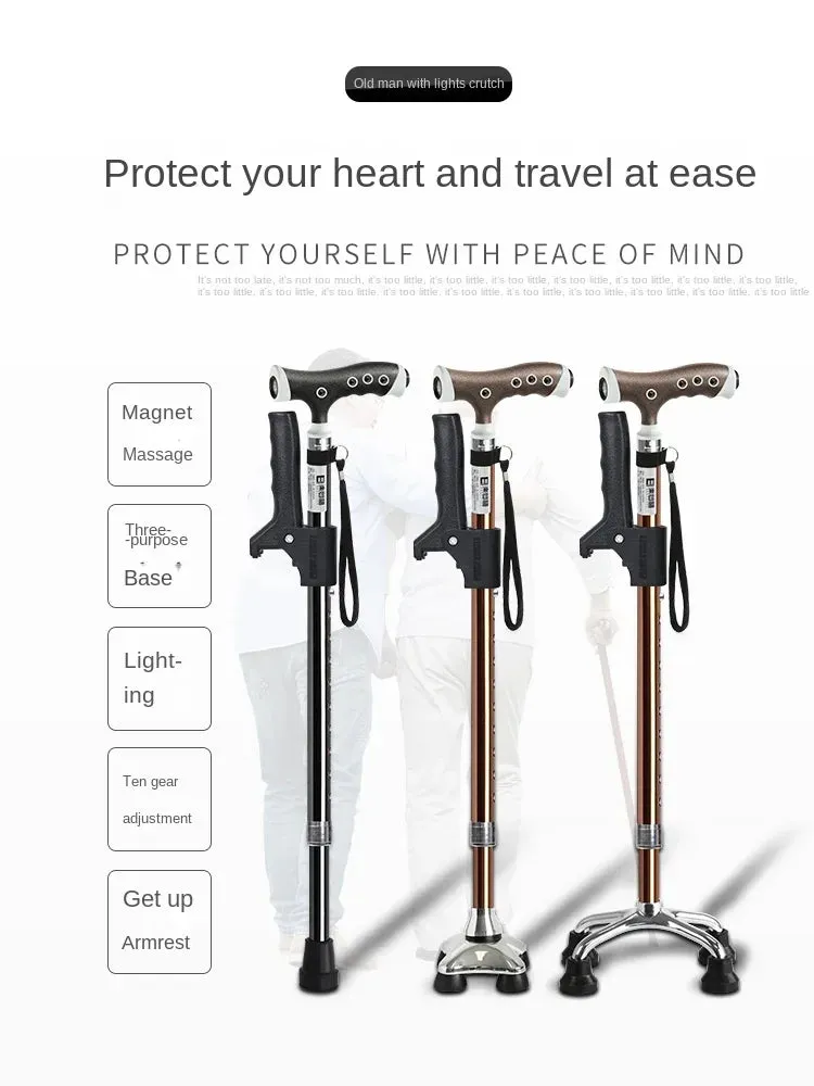 Portable Four-Legged Cane with Lamp, Retractable T-Handle, Durable Non-Slip Elderly Crutches for Stability and Mobility
