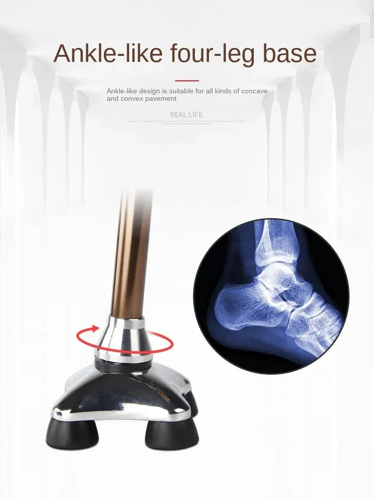 Portable Four-Legged Cane with Lamp, Retractable T-Handle, Durable Non-Slip Elderly Crutches for Stability and Mobility